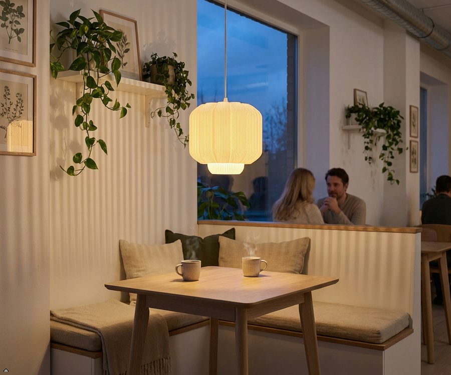 Tora 3D Printed Lantern Pendant Light — Ribbed PLA Shade | Designer Hanging Lamp for Bedroom, Dining Room & Café