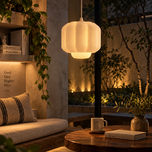 Tora 3D Printed Lantern Pendant Light — Ribbed PLA Shade | Designer Hanging Lamp for Bedroom, Dining Room & Café