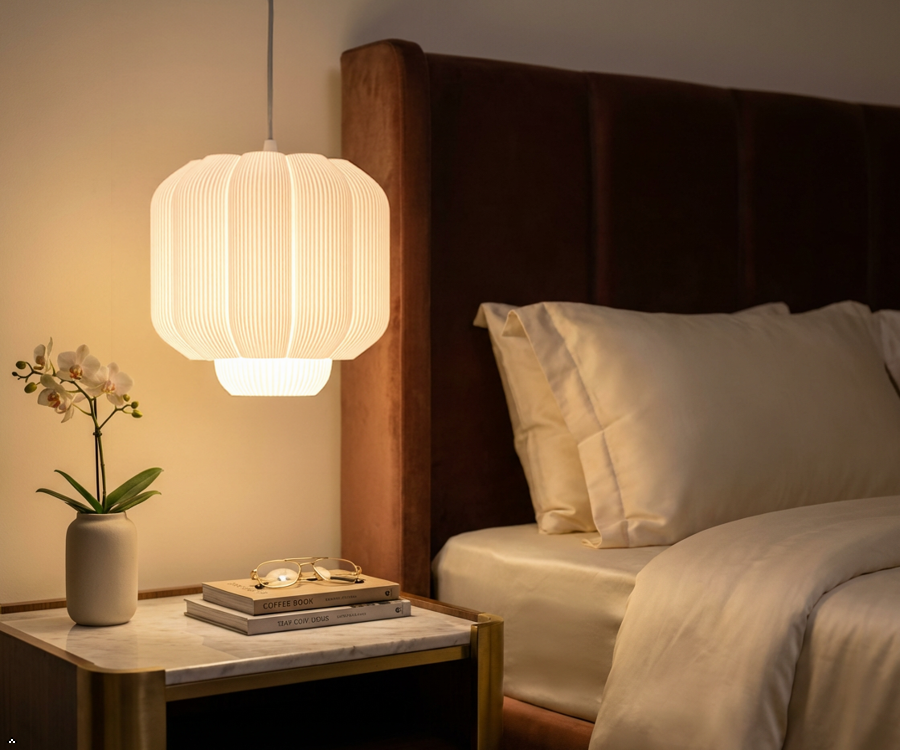 Tora 3D Printed Lantern Pendant Light — Ribbed PLA Shade | Designer Hanging Lamp for Bedroom, Dining Room & Café