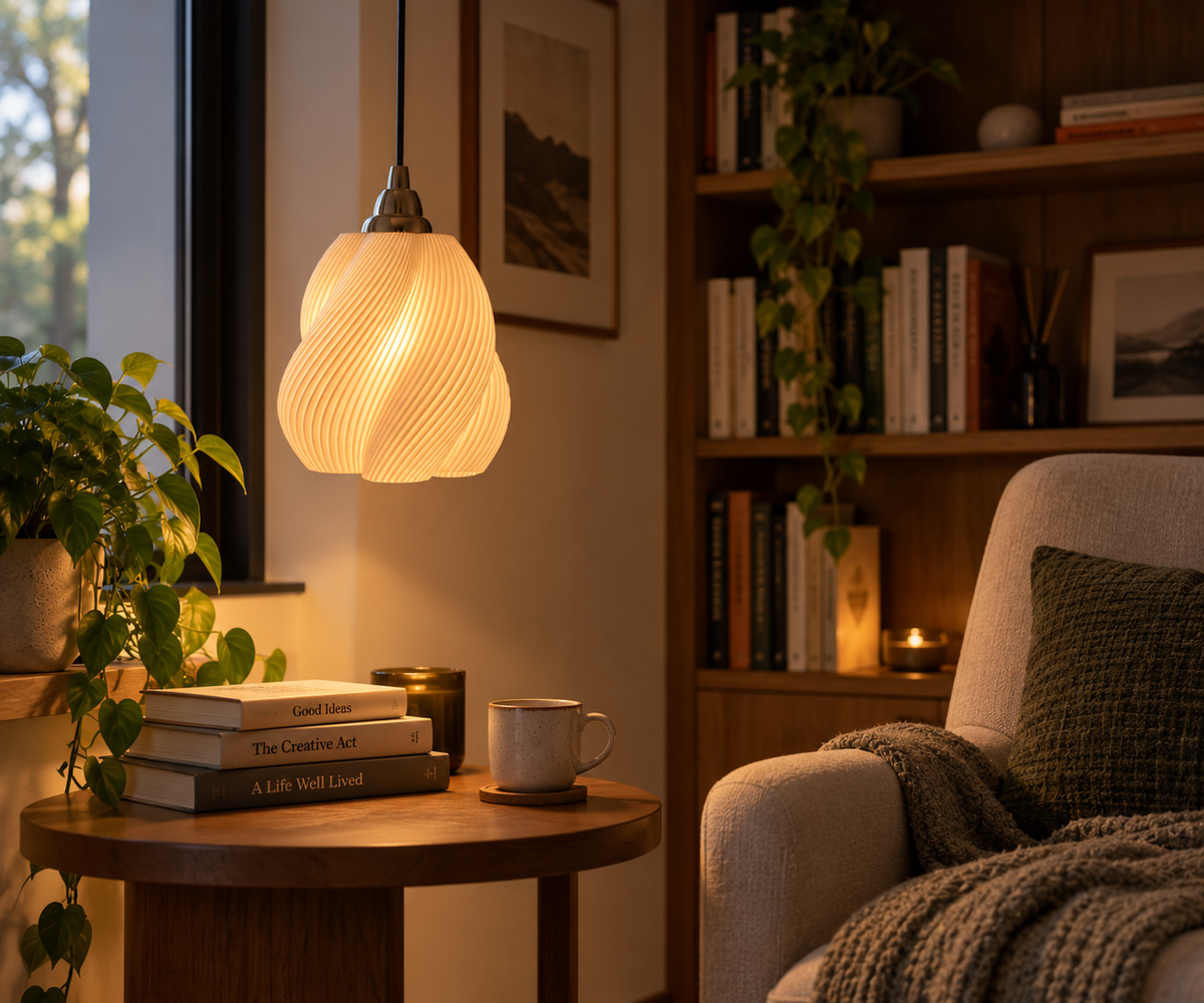 Nuvola 3D Printed Gourd Swirl Pendant Light — Organic PLA Bubble Shade with Silver Canopy | Versatile Hanging Lamp for Home, Café & Covered Outdoor Spaces