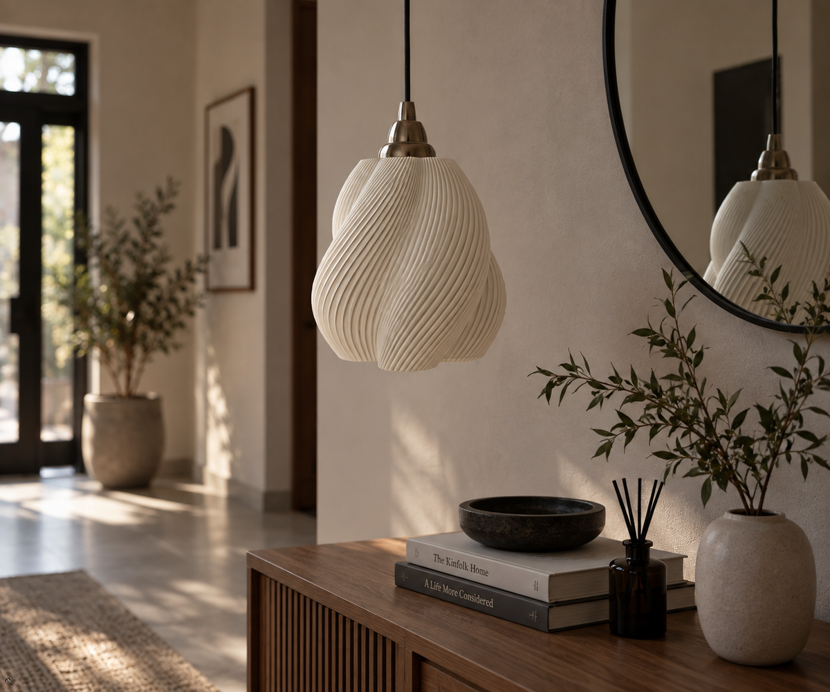 Nuvola 3D Printed Gourd Swirl Pendant Light — Organic PLA Bubble Shade with Silver Canopy | Versatile Hanging Lamp for Home, Café & Covered Outdoor Spaces