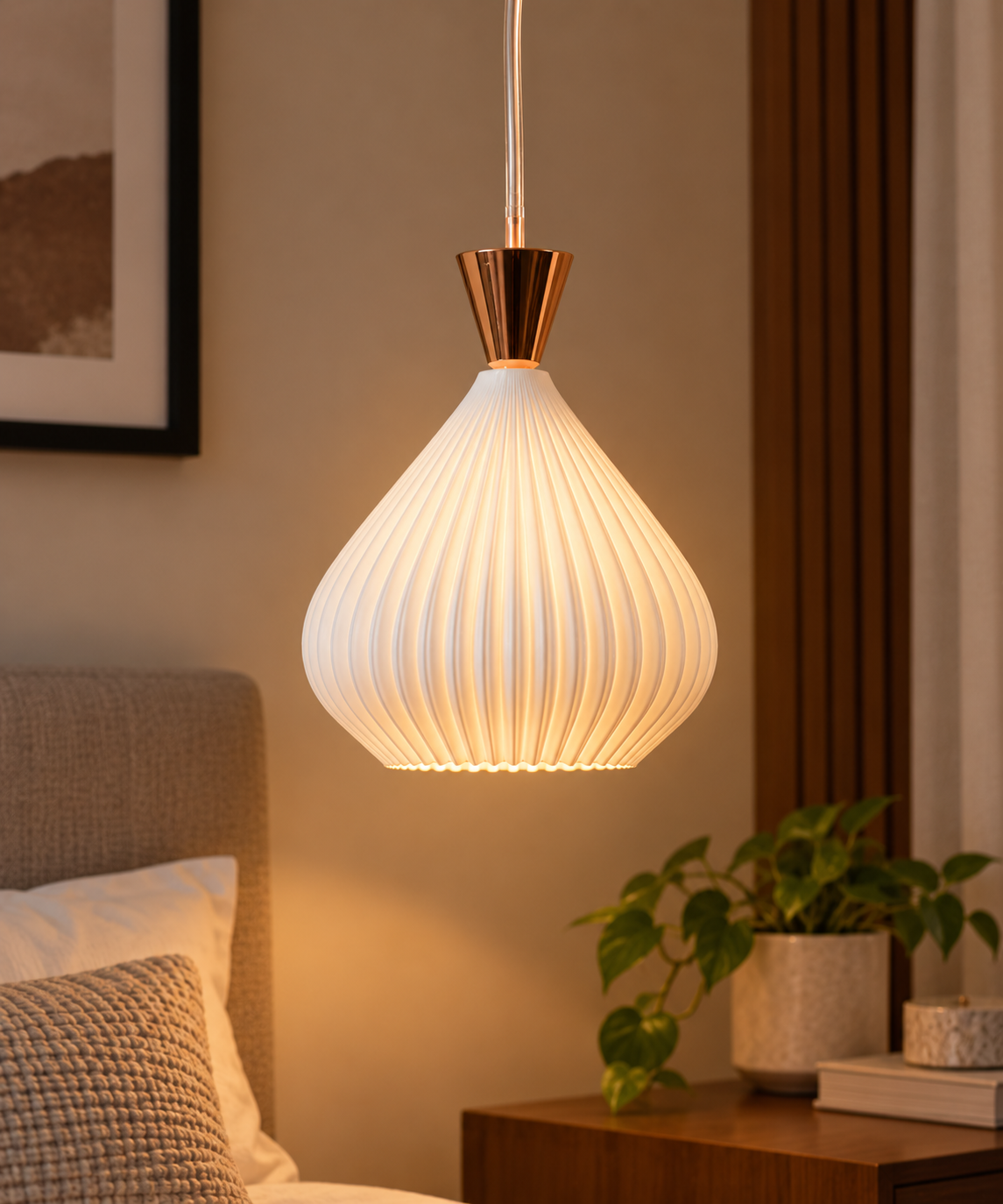 Kumbh 3D Printed Onion Pendant Light — Bold Ribbed PLA Shade with Rose Gold Copper Canopy | Statement Hanging Lamp for Living Room, Bedroom & Reading Nook