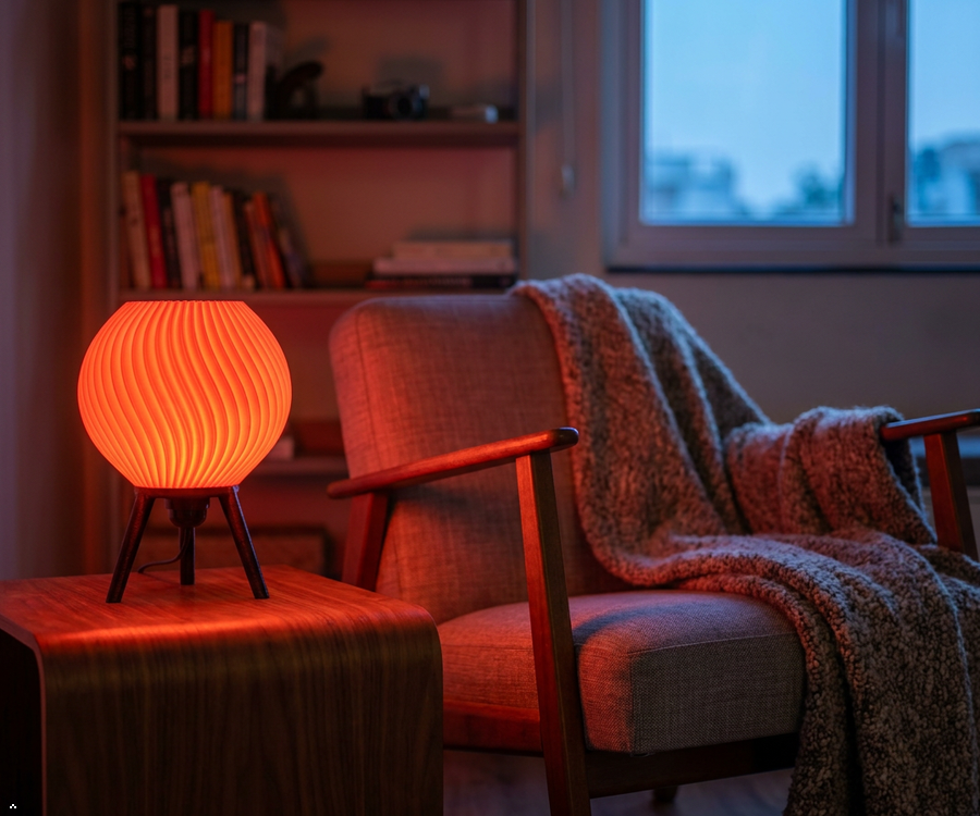 Orbit 3D Printed RGB Globe Table Lamp — Swirl Ribbed PLA Shade on Tripod Stand | Colour-Changing Mood Lamp for Bedroom, Gaming Room & Living Room