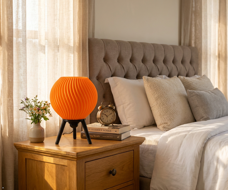 Orbit 3D Printed RGB Globe Table Lamp — Swirl Ribbed PLA Shade on Tripod Stand | Colour-Changing Mood Lamp for Bedroom, Gaming Room & Living Room