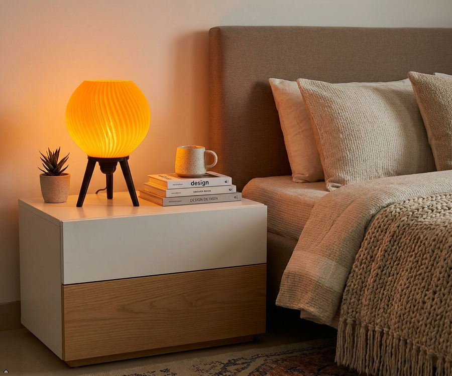 Orbit 3D Printed RGB Globe Table Lamp — Swirl Ribbed PLA Shade on Tripod Stand | Colour-Changing Mood Lamp for Bedroom, Gaming Room & Living Room